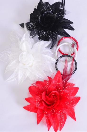 Flower Silk Flower Lily Baby Breath & Feathers Red White Black Mix / 12 pcs Flower = Dozen Size- 5.5", Alligator Clip & Brooch & Elastic Pony , 4 Red , 4 White , 4 Black Mix , Display Card & UPC Code