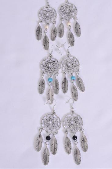 Earrings Metal Antique Dream Catcher Semiprecious Stone / 12 pair = Dozen match 70083 Fish Hook , Size - 2" x 1" Wide , 4 Black , 4 Ivory , 4 Turquoise Asst , Earring Card & OPP Bag & UPC Code