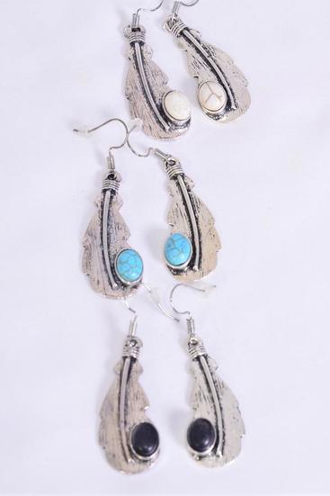 Earrings Metal Antique Feather Symbol Semiprecious Stone / 12 pair Flower = Dozen Fish Hook , Size - 1.25" x 0.75" Wide , 4 Black , 4 Ivory , 4 Turquoise Asst , Earring Card & OPP Bag & UPC Code