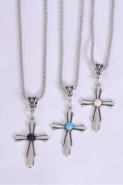 Necklace Silver Chain Metal Cross Antique Semiprecious Stone / 12 pcs = Dozen match 27120 02677 Pendant-1.5" x 1" Wide , Chain-18" Extension Chain , 4 Ivory , 4 Black , 4 Turquoise Asst , Hang Tag & OPP Bag & UPC Code