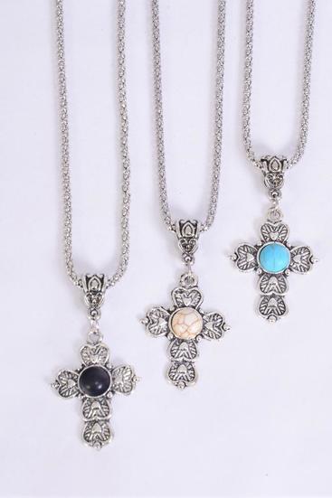 Necklace Silver Chain Cross Real Semiprecious Stone / 12 pcs = Dozen  match 03107 Pendant - 1.25" x 1" Wide , Chain - 18" Extension Chain , 4 Ivory , 4 Black , 4 Turquoise Asst , Hang Tag & OPP Bag & UPC Code