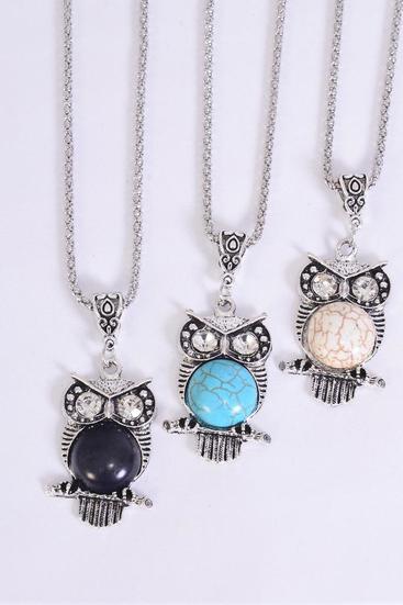 Necklace Silver Chain Owl Semiprecious Stone / 12 pcs = Dozen match 01087 Pendant - 1.5" x 1" Wide , Chain -18" Extension Chain , 4 Ivory , 4 Black , 4 Turquoise Asst , Hang Tag & OPP Bag & UPC Code