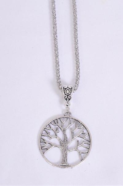 Necklace Silver Chain Tree of Life Double Sided / 12 pcs = Dozen match 01217 Pendant-1.25" Wide , Chain-18" Extension Chain , Hang Tag & OPP Bag & UPC Code