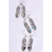 Earrings Metal Antique Feather Symbol  Semiprecious Stone/DZ **Fish Hook** Size-2"x 0.5" Wide,4 Black,4 Ivory,4 Turquoise Asst,Earring Card & OPP Bag & UPC Code -