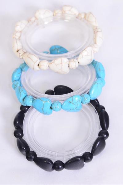 Bracelet Semiprecious Stone Heart Stretch / 12 pcs = Dozen Match 70148 03121 Stretch , 4 Black , 4 Ivory , 4 Turquoise , Hang Tag & Opp Bag & UPC Code
