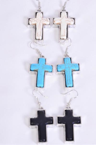 Earrings Metal Antique Cross Semiprecious Stone / 12 pair = Dozen  match 27126 75023 Fish Hook , Size - 1.25" x 1" Wide , 4 Black , 4 Ivory , 4 Turquoise Asst , Earring Card & OPP Bag & UPC Code