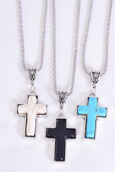 Necklace Silver Chain Cross Semiprecious Stone / 12 pcs = Dozen  match 27126 03454 Pendant - 1.25" x 1" Wide , Chain - 18" Extension Chain , 4 Ivory , 4 Black , 4 Turquoise Asst , Hang Tag & OPP Bag & UPC Code