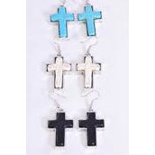Earrings Metal Antique Cross Semiprecious Stone/DZ match 27126 75023 **Fish Hook** Size-1.25&quot;x 1&quot; Wide,4 Black,4 Ivory,4 Turquoise Asst,Earring Card &amp; OPP Bag &amp; UPC Code