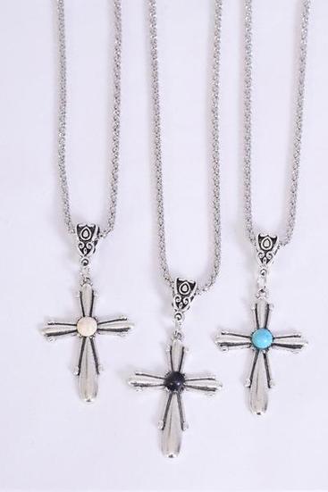 Necklace Silver Chain Metal Cross Antique Semiprecious Stone/DZ match 27120 02677 Pendant-1.5" x 1" Wide,Chain-18" Extension Chain,4 Ivory,4 Black,4 Turquoise Asst,Hang Tag & OPP Bag & UPC Code