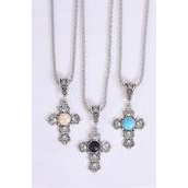 Necklace Silver Chain Cross Real Semiprecious Stone/DZ match 02663 Pendant-1.25&quot;x 1&quot; Wide,Chain-18&quot; Extension Chain,4 Ivory,4 Black,4 Turquoise Asst,Hang Tag &amp; OPP Bag &amp; UPC Code
