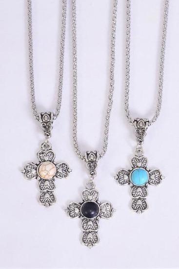 Necklace Silver Chain Cross Real Semiprecious Stone / 12 pcs = Dozen  match 02663 Pendant - 1.25" x 1" Wide , Chain-18" Extension Chain , 4 Ivory , 4 Black , 4 Turquoise Asst , Hang Tag & OPP Bag & UPC Code