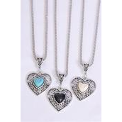 Necklace Silver Chain Metal Antique Heart Semiprecious Stone/DZ match 03089 Pendant-1.75&quot; x 1.25&quot; Wide,Chain-18&quot; Extension Chain,4 Ivory,4 Black,4 Turquoise Asst,Hang Tag &amp; OPP Bag &amp; UPC Code