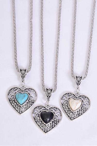 Necklace Silver Chain Metal Antique Heart Semiprecious Stone / 12 pcs = Dozen Match 03089 Pendant-1.75" x 1.25" Wide , Chain-18" Extension Chain , 4 Ivory , 4 Black , 4 Turquoise Asst , Hang Tag & OPP Bag & UPC Code