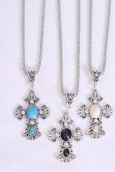 Necklace Silver Chain Cross Semiprecious Stone / 12 pcs = Dozen match 02586  25002 Pendant - 1.75" x 1.25" Wide , 18" Extension Chain , 4 Ivory , 4 Black , 4 Turquoise Asst , Hang Tag & OPP Bag & UPC Code