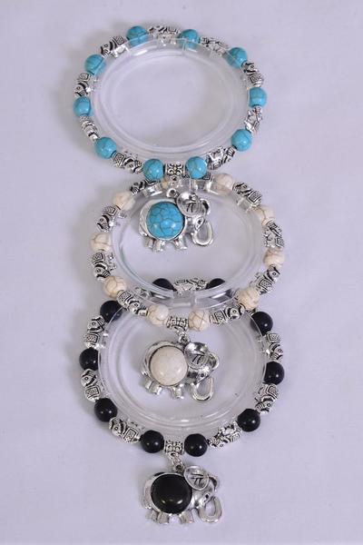 Bracelet Elephant Stretch 10 mm Semiprecious Stone/DZ Stretch,4 Black,4 Ivory,4 Turquoise Asst,Hang Tag & OPP Bag & UPC Code