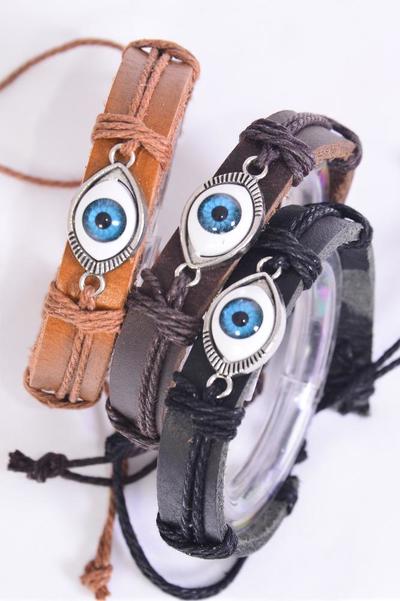 Bracelet Real leather Blue Venetian Glass Hamsa Evil Eye Good luck and Protection / 12 pcs = Dozen  Unisex , Adjustable , 4 of each Color Mix , Hang tag & OPP Bag & UPC Code