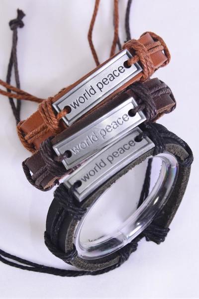 Bracelet Real Lather Band World Peace /12 pcs = Dozen Unisex , Adjustable , 4 of each Pattern Mix , Hang tag & OPP Bag & UPC Code