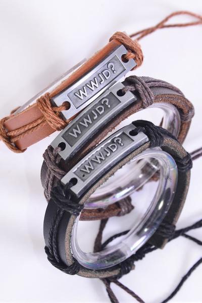 Bracelet Real leather Bible Verse W W J D ? / 12 pcs = Dozen  Unisex , Adjustable , 4 of each Pattern Asst , Hang tag & OPP Bag & UPC Code