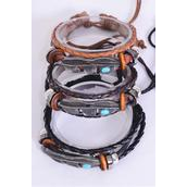 Bracelet Real Leather Band &amp; Feather Triple Strand/DZ **Unisex** Adjustable,4 of each Pattern Mix,Individual Hang tag &amp; OPP Bag &amp; UPC Code