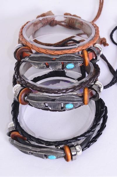 Bracelet Real Leather Band & Feather Triple Strand/DZ Unisex,Adjustable,4 Black,4 Dark Brown,4 Medium Brown Pattern Mix,Individual Hang tag & OPP Bag & UPC Code