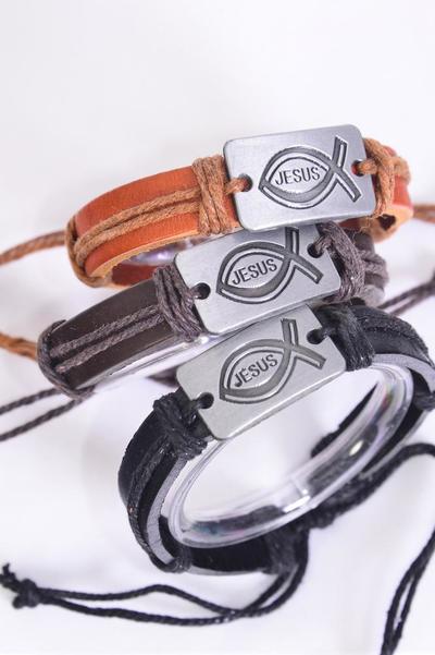 Bracelet Real Leather Band Jesus Fish Symbol / 12 pcs = Dozen  Unisex , Adjustable , 4 of each Pattern Mix , Individual Hang tag & OPP Bag & UPC Code
