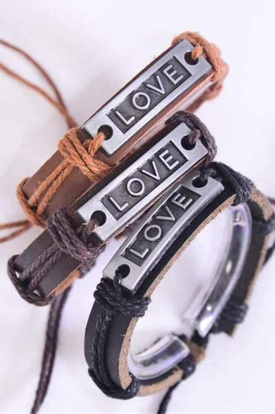 Bracelet Real Leather Band Love / 12 pcs = Dozen  Unisex , Adjustable , 4 of each Pattern Mix , Hang tag & OPP Bag & UPC Code
