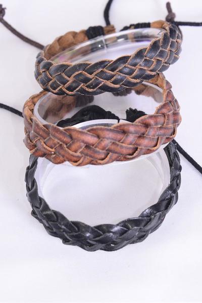 Bracelet Real Leather Band Braided Adjustable / 12 pcs = Dozen  Unisex , Adjustable , 4 of each Pattern Mix , Individual Hang tag & OPP Bag & UPC Code
