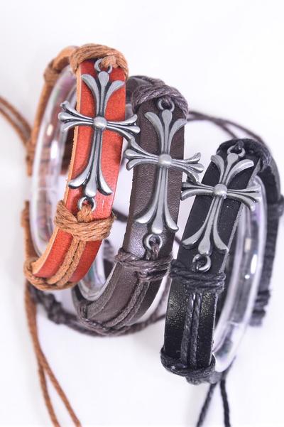 Bracelet Real Leather Band Cross Silver / 12 pcs = Dozen Unisex , Cross - 1.75 x 0.75" Wide , Adjustable , 4 of each Pattern Asst , Individual Hang tag & OPP Bag & UPC Code