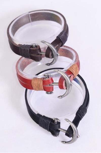 Bracelet Real Leather Nautical Anchor Double Wrap Silver Anchor / 12 pcs = Dozen  Anchor , Unisex , 4 of each Pattern Asst , Hang Tag OPP Bag & UPC Code