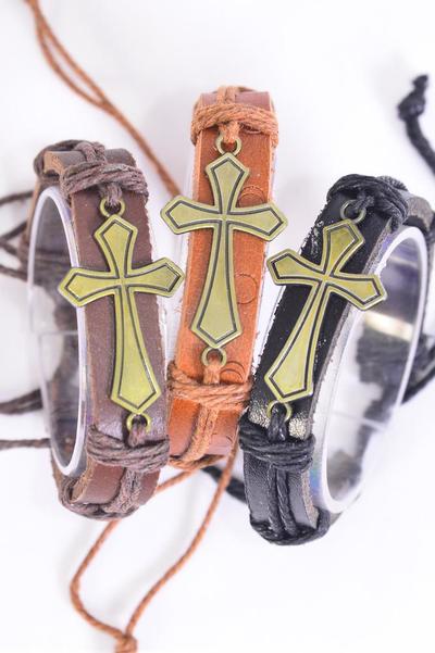 Bracelet Real Leather Band Sideways Cross Gold / 12 pcs = Dozen  Adjustable , 4 of each Pattern Mix , Individual Hang tag & OPP Bag & UPC Code