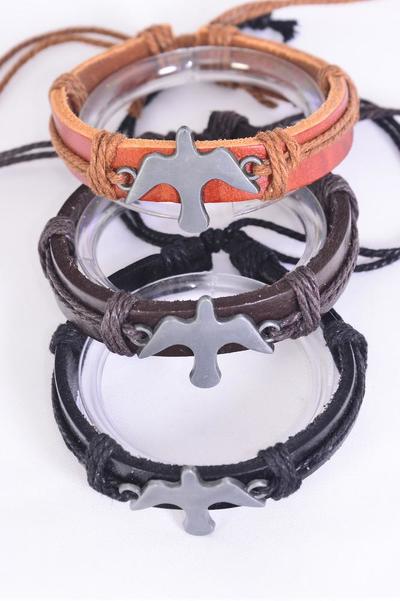 Bracelet Real Leather Band Dove / 12 pcs = Dozen Unisex , Adjustable , 4 of each Pattern Mix , Individual Hang tag & OPP Bag & UPC Code