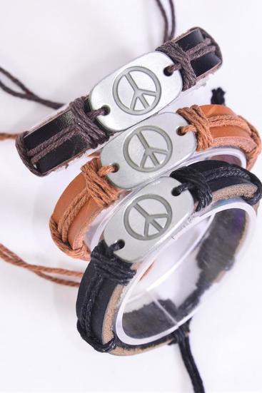 Bracelet Real Leather Band Peace Sign Symbol / 12 pcs = Dozen   Unisex , Adjustable , 4 of each Pattern Mix , Hang tag & OPP Bag & UPC Code