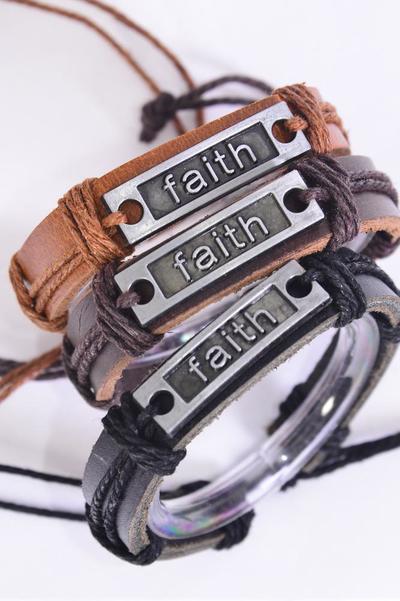 Bracelet Real Leather Band Faith / 12 pcs = Dozen   Unisex , Adjustable , 4 of each Color Mix , Hang tag & OPP Bag & UPC Code