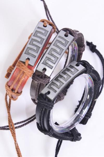 Bracelet Real Leather Band Greek Motives Vector Symbol / 12 pcs = Dozen Unisex , Adjustable , 4 of each Pattern Mix , Individual Hang tag & OPP Bag & UPC Code