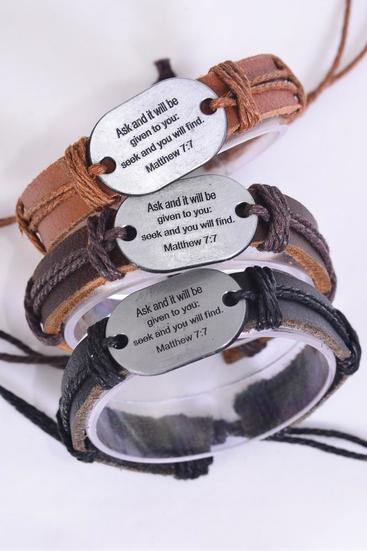 Bracelet Real Leather Band Ask and It Will Be Given To You : Seek And You Will Find / 12 pcs = Dozen  Unisex , Adjustable , 4 of each Color Mix , Hang tag & OPP Bag & UPC Code
