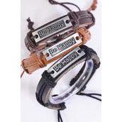 Bracelet Real Leather Band Be Happy/DZ **Unisex** Adjustable,4 of each Pattern Asst,Individual Hang tag &amp; OPP Bag &amp; UPC Code