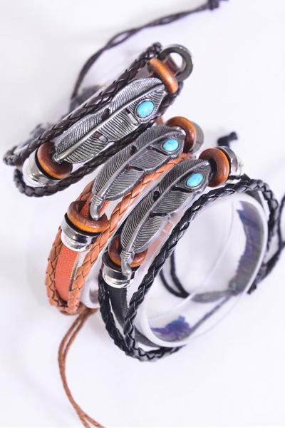 Bracelet Real Leather Band & Feather Triple Strand / 12 pcs = Dozen  Unisex , Adjustable , 4 Black , 4 Dark Brown , 4 Medium Brown Pattern Mix , Individual Hang tag & OPP Bag & UPC Code