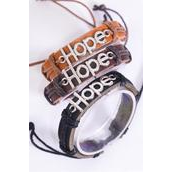 Bracelet Real Leather Band Hope/DZ **Unisex** Adjustable,4 of each Pattern Asst,Individual Hang tag &amp; OPP Bag &amp; UPC Code