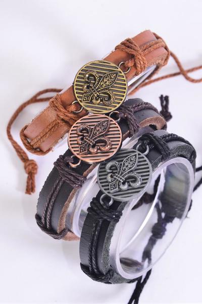 Bracelet Real Leather Band Fleur De Lis / 12 pcs = Dozen  Unisex , Adjustable , 4 of each Pattern Asst , Individual Hang tag & OPP Bag & UPC Code