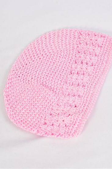 Kufi Hand-Crocheted 100% Cotton Beanie Skull Cap Hat Stretch Pink / 12 pcs = Dozen Stretch , One Size , W OPP Bag