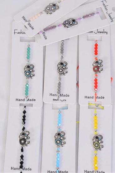Bracelet Elephant Rhinestone Multi / 12 pcs = Dozen Pull-String , Adjustable , 12 Color Mix , Individual Hang tag & OPP Bag & UPC Code