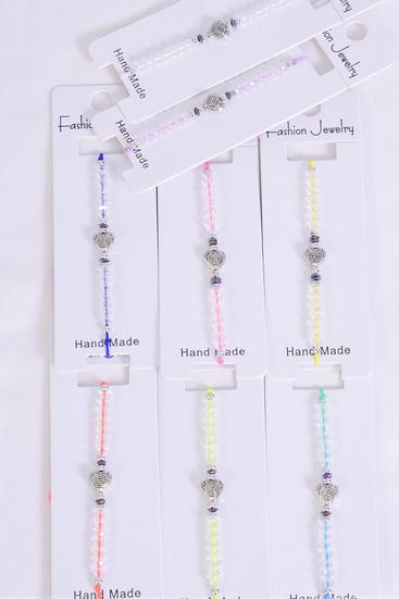 Bracelet Heart Antique Asst Glass Crystal Multi / 12 pcs = Dozen Pull-String , Adjustable , 12 Pattern Mix , Individual Hang tag & OPP Bag & UPC Code