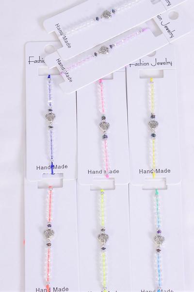 Bracelet Heart Antique Asst Glass Crystal Multi / 12 pcs = Dozen Pull-String , Adjustable , 12 Pattern Mix , Individual Hang tag & OPP Bag & UPC Code