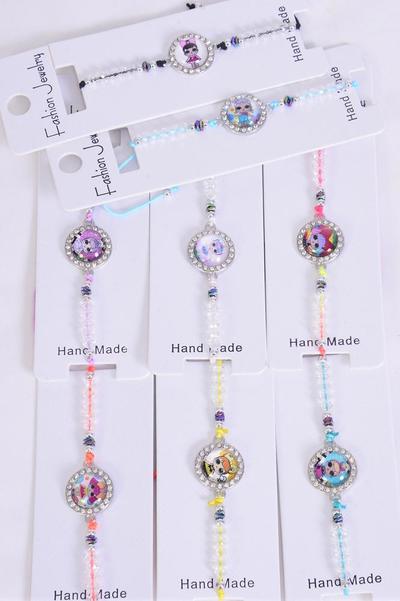 Bracelet Fun Girls Glass Crystals /  12 pcs = Dozen  Pull-String , Adjustable , 12 Pattern Mix , Individual Hang Tag & OPP Bag & UPC Code