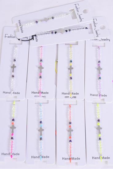 Bracelet Sideways Cross Stainless Steel  Asst Crystal Multi / 12 pcs = Dozen  Pull-String , Adjustable , 12 Pattern Mix , Individual Hang tag & OPP Bag & UPC Code