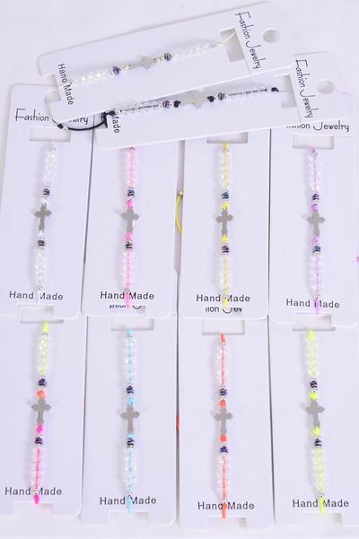 Bracelet Sideways Cross Stainless Steel  Asst Crystal Multi / 12 pcs = Dozen  Pull-String , Adjustable , 12 Pattern Mix , Individual Hang tag & OPP Bag & UPC Code