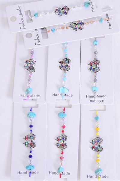 Bracelet Butterfly Semiprecious Stone / 12 pcs = Dozen Pull-String , Adjustable , 12 Color Mix , Individual Hang Tag & OPP Bag & UPC Code