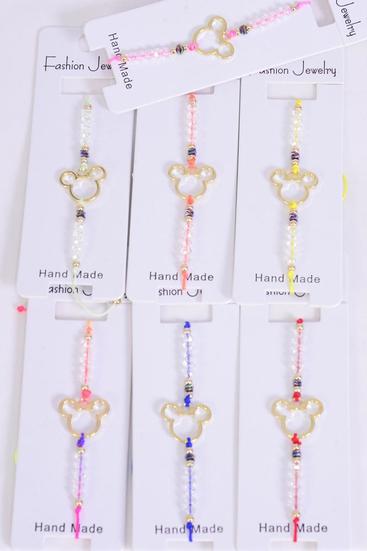 Bracelet Mouse Ear Silver Glass Crystal Multi / 12 pcs = Dozen Pull-String , Adjustable , 12 Color Asst , Individual Hang tag & OPP Bag & UPC Code