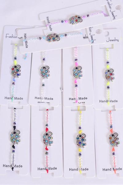 Bracelet Cute Elephant Glass Crystal Beads Multi / 12 pcs = Dozen Pull-String , Adjustable , 12 Color Mix , Individual Hang tag & OPP Bag & UPC Code