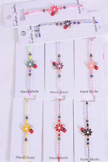 Bracelet Enamel Ladybug & Daisy Flower Multi / 12 pcs = Dozen Pull-String , Adjustable , 12 Color Mix , Individual Hang Tag & OPP Bag & UPC Code